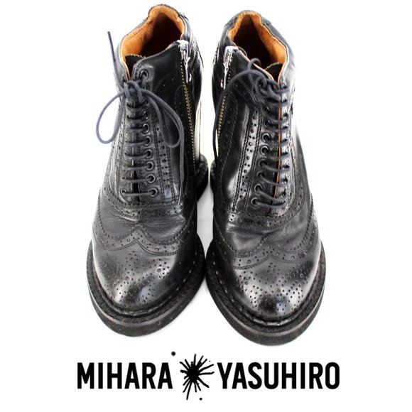 Mihara Yasuhiro Black Brogue Wedge Boots 6.5 Lace Up Platform Oxford Zip Japan - Picture 1 of 13